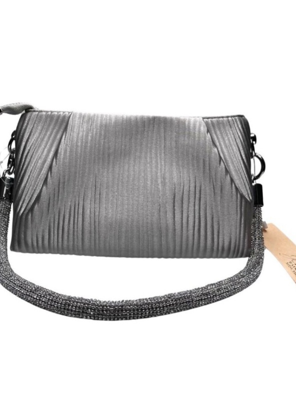 NWT BADGLEY MISCHKA
JEWELS ZOE SILVER
PLEATED CRYSTAL
SHOULDER STRAP CLUTCH